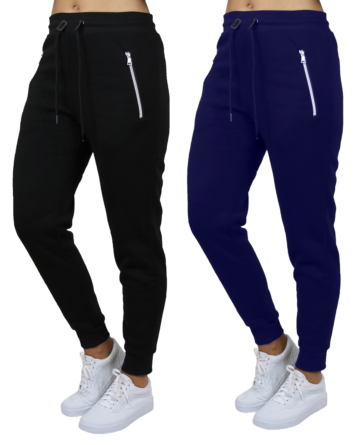 Galaxy By Harvic Women's Loose Fit Fleece Lined Jogger Sweatpants With Zipper Pockets-2 Pack In Black-navy