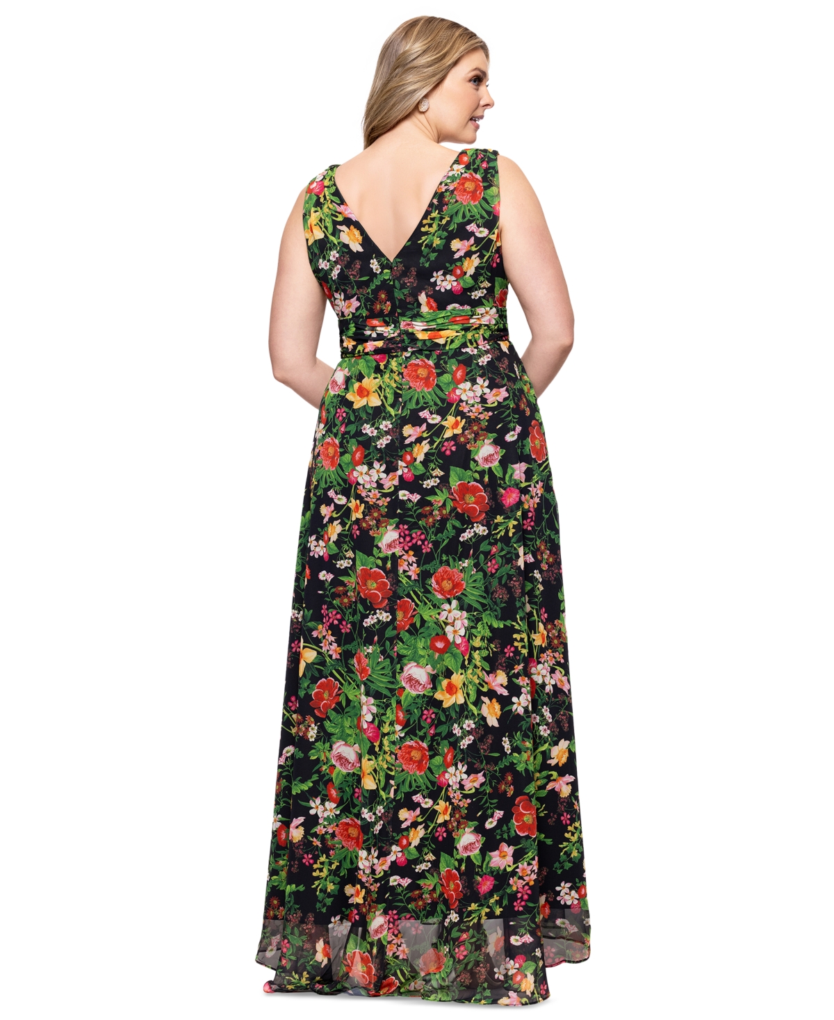 Betsy & Adam Plus Size Floral Print V-neck Sleeveless Gown In Black,red
