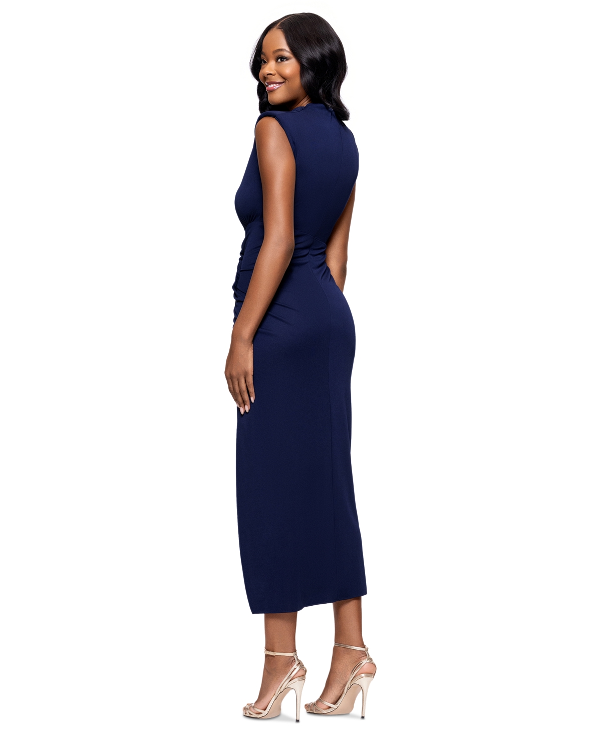 Shop Betsy & Adam Petite Mock-neck Crepe Ruched Sheath Dress In Navy
