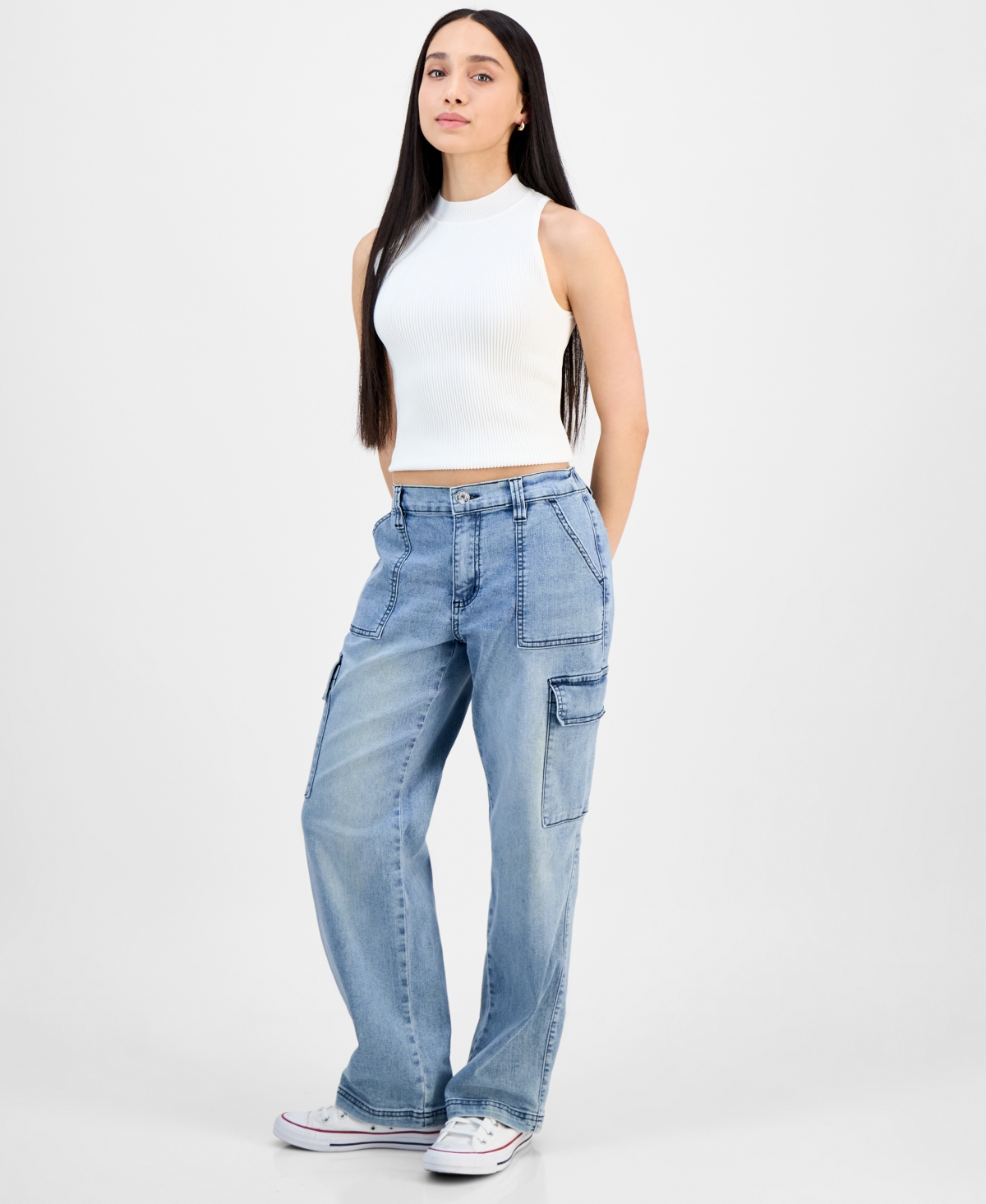 Juniors' Wide-Leg Cargo Skater Jeans - Dark Wash