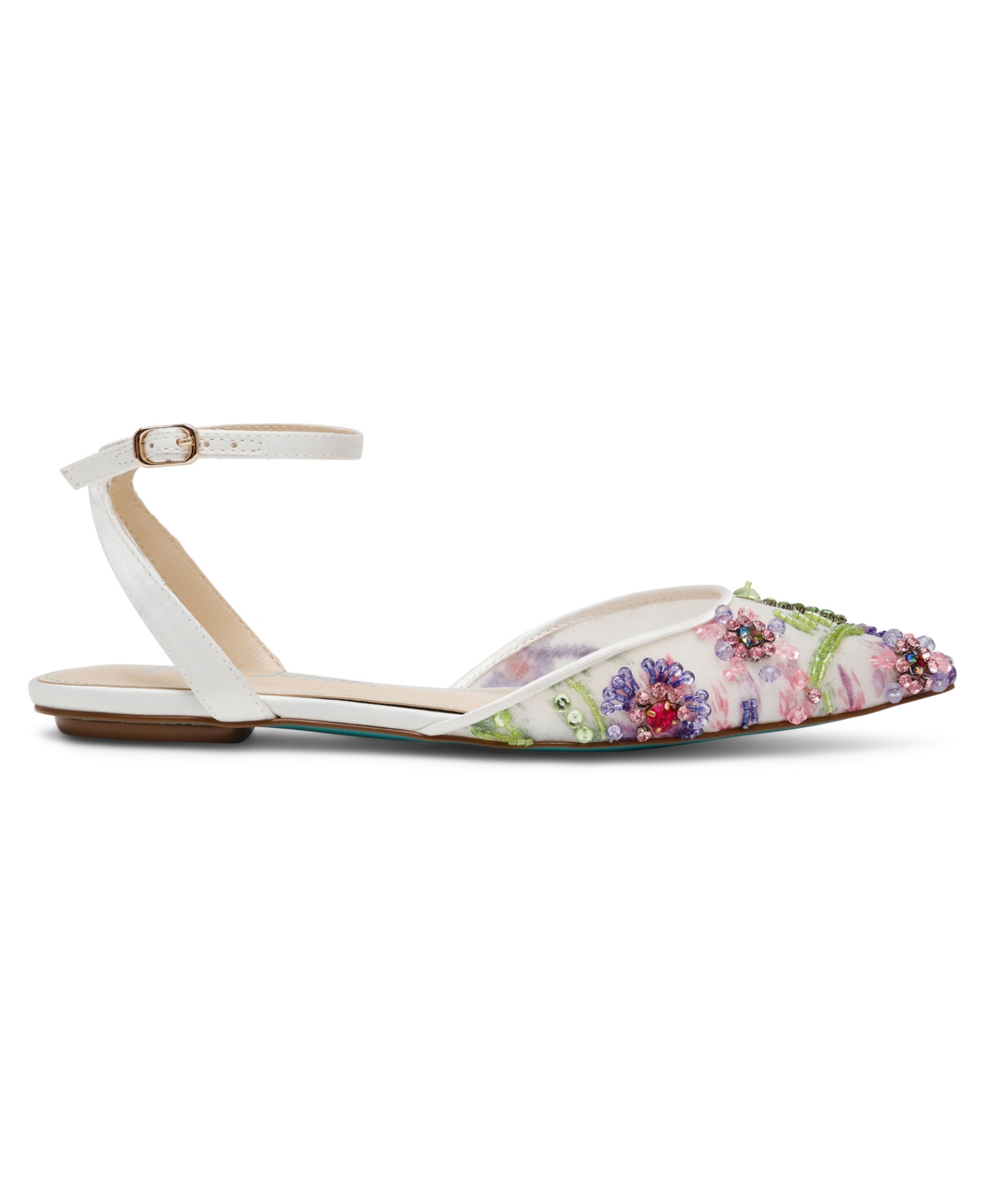 Betsey Johnson Garbo Pointed Toe Ankle Strap Flat In Ivory Multi