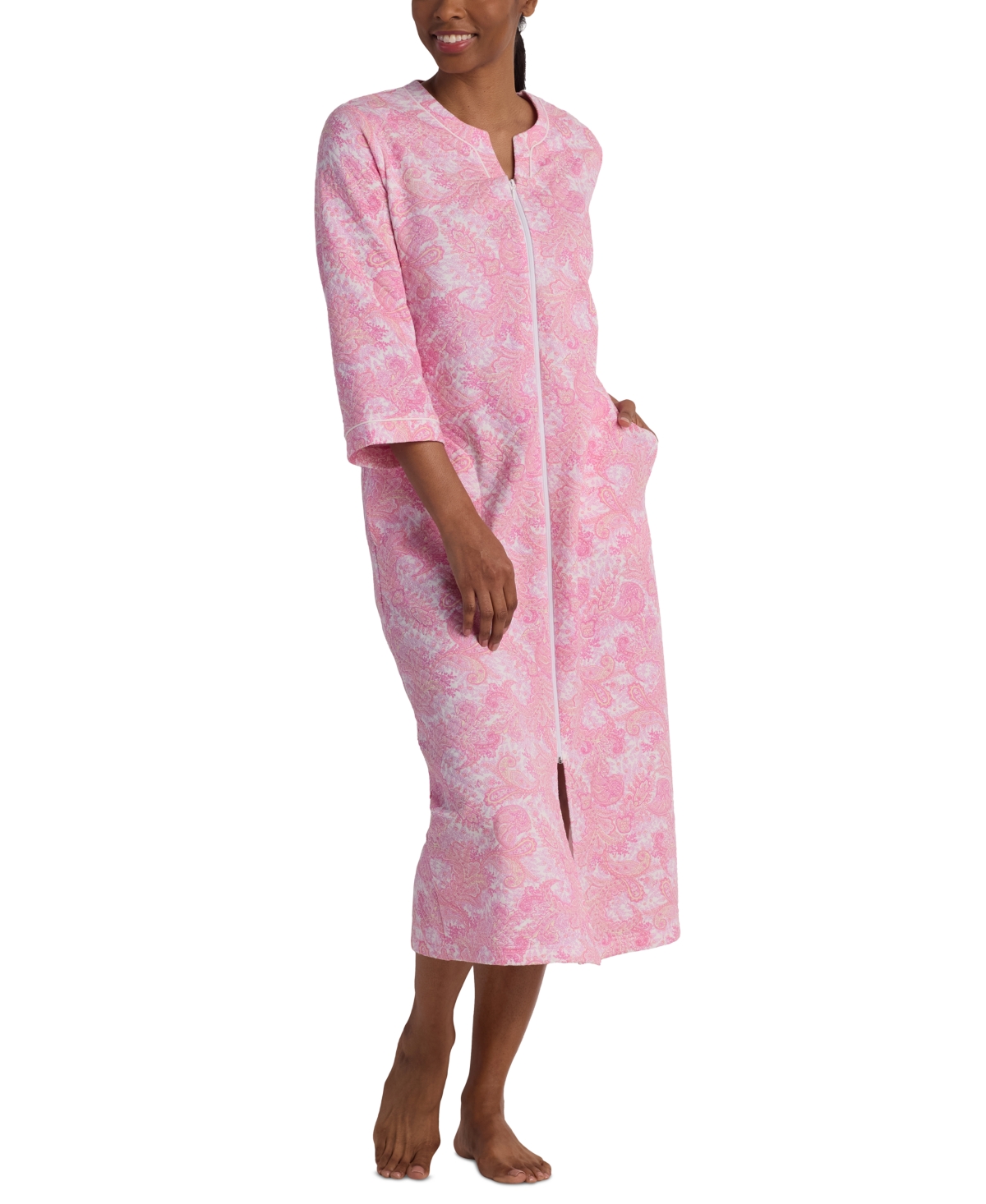 Miss Elaine Women's Long Sleeve Printed Long Zip Robe In Pink