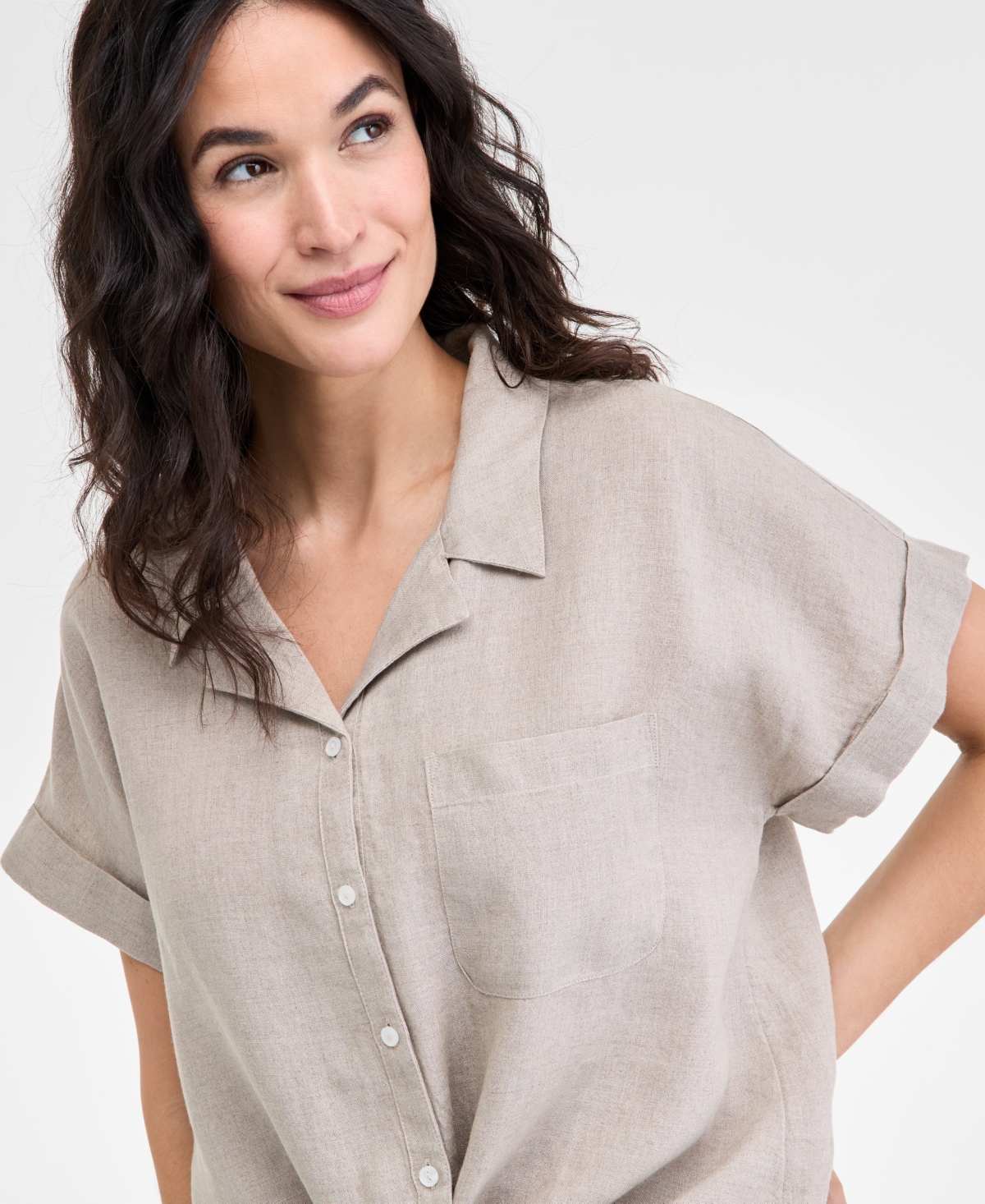 Charter Club Women's 100% Linen Tie-front Shirt, Created For Macy's In Flax Combo