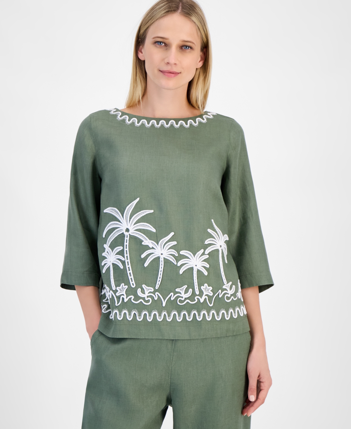 Shop Charter Club Women's Palm-applique 100% Linen Top, Exclusively At Macy's In Cool Olive