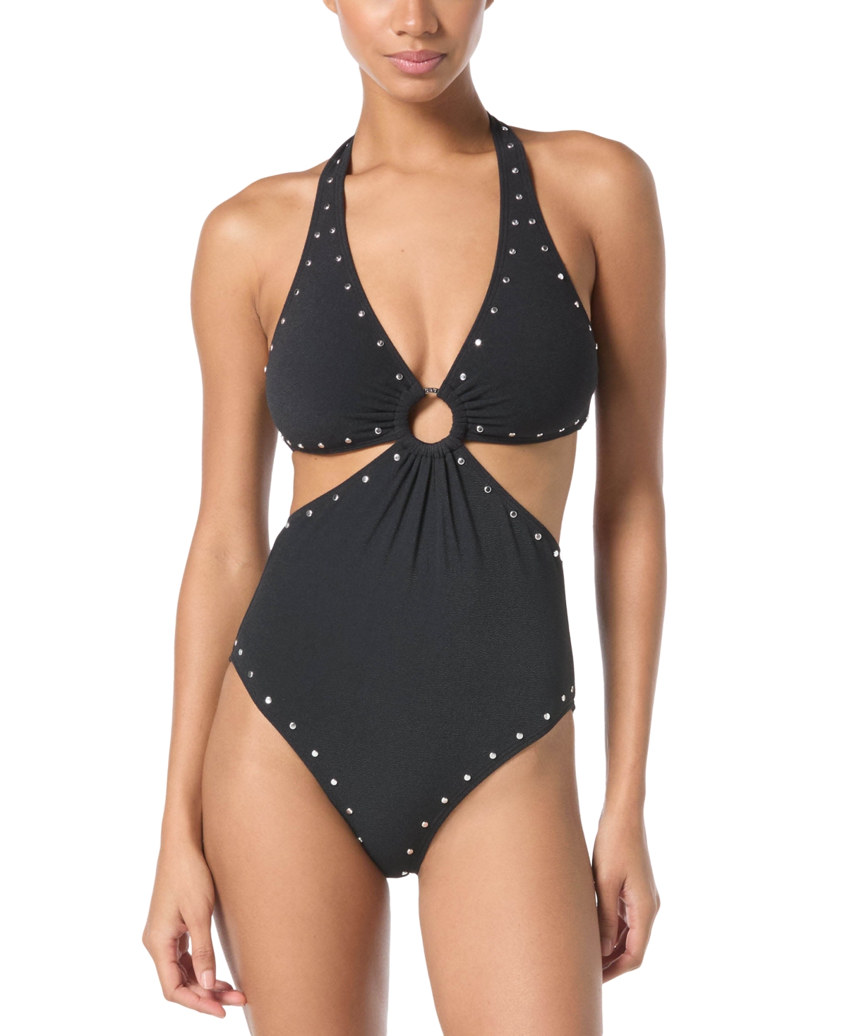 Michael Michael Kors Women's Crepe Ring Halter Cut-Out One-Piece Swimsuit - White