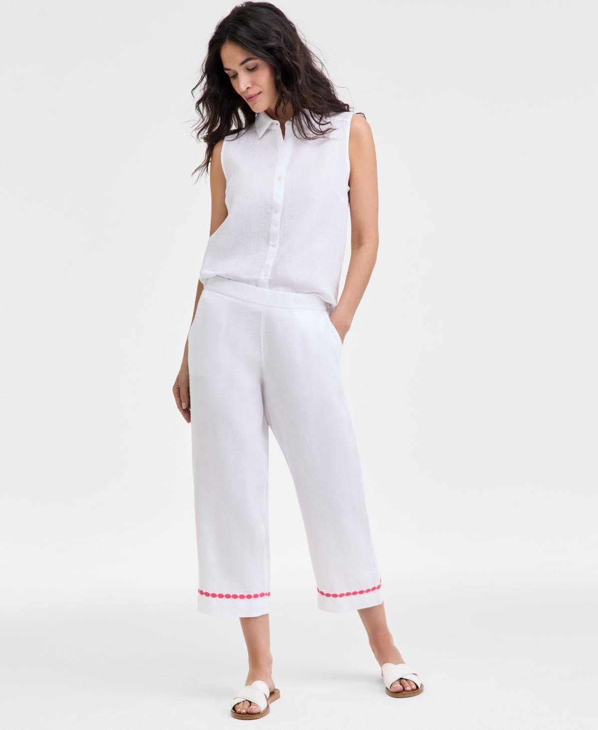 Women's Linen Embroidered Cropped Pants, Exclusively at Macy's - Bright White