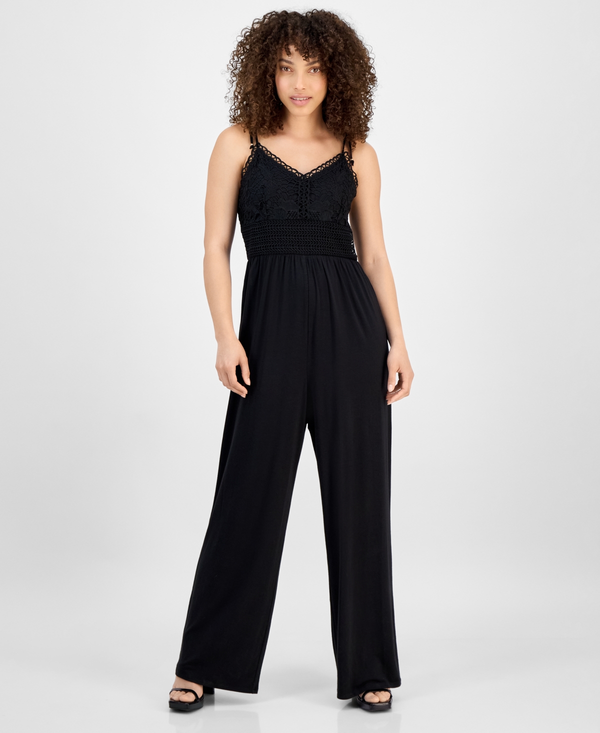 Petite Crochet V-Neck Sleeveless Wide-Leg Jumpsuit - Black Beauty