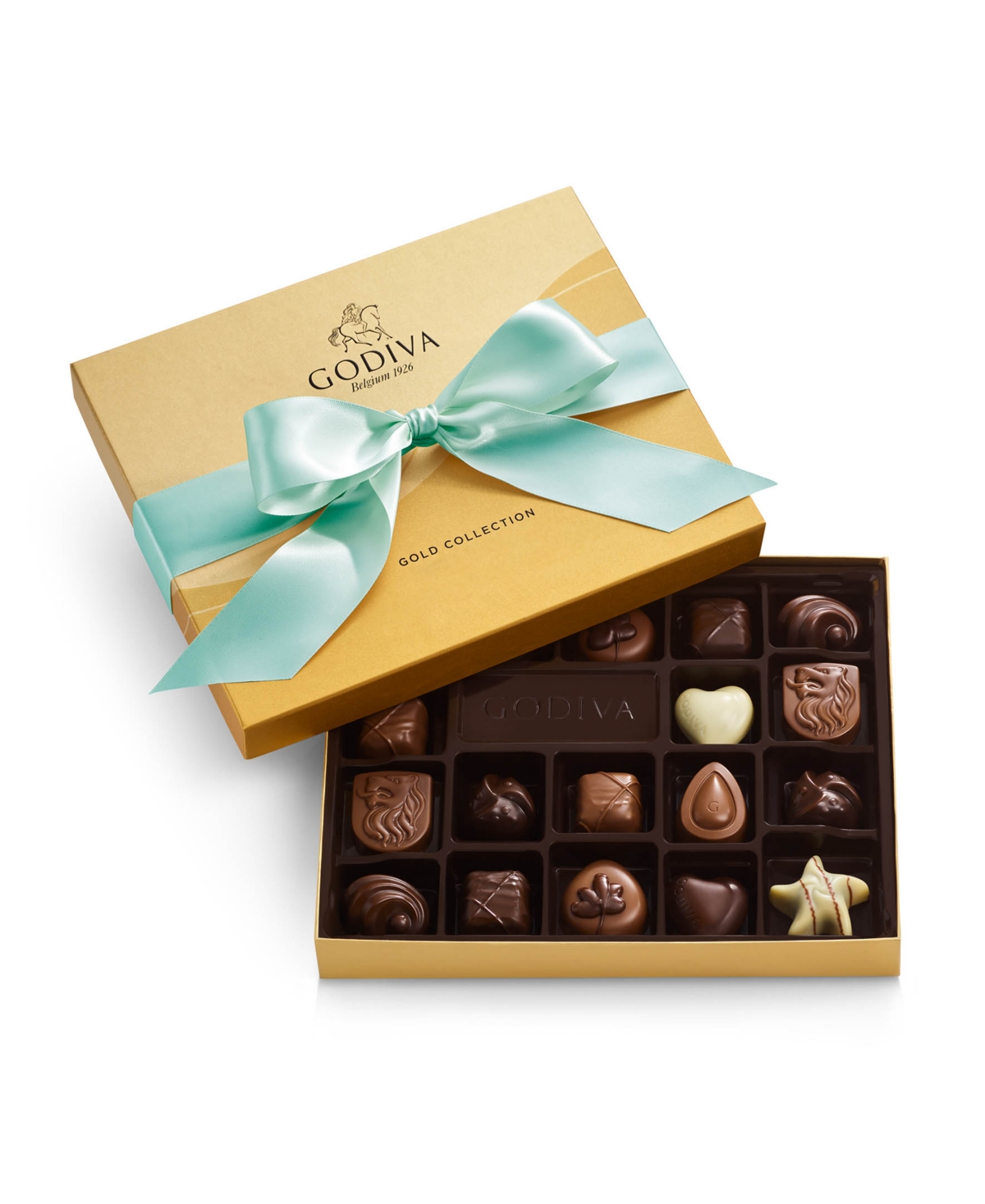 Godiva Assorted Milk Chocolate Gift Box With Aqua Ribbon, 18 Pieces In Transparent