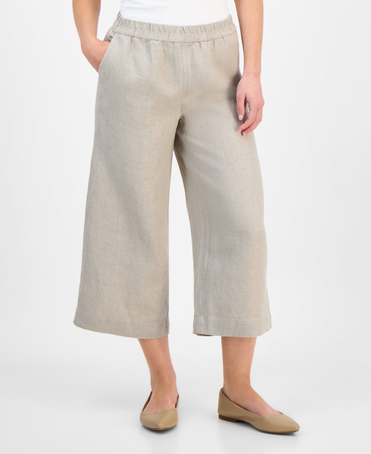Petite 100% Linen Wide-Leg Cropped Pants, Exclusively at Macy's - Blue Ocean