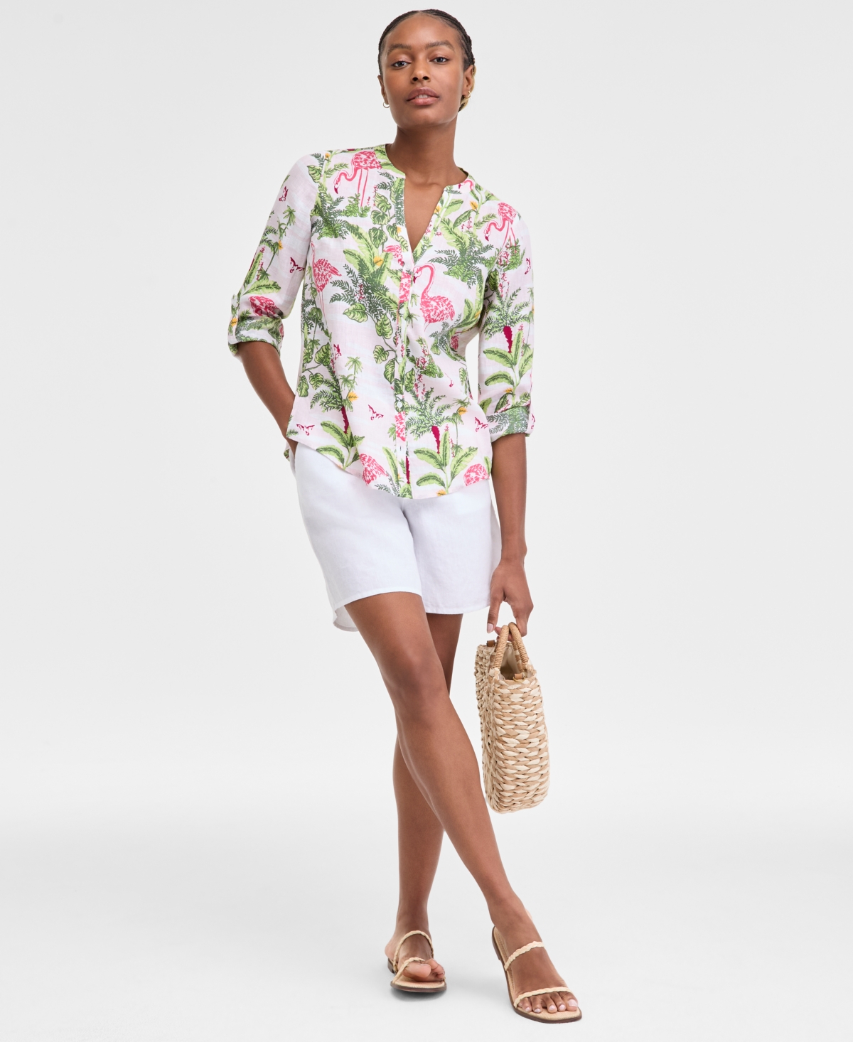 CHARTER CLUB WOMEN'S 100% LINEN PALM PRINT ROLL-TAB SHIRT, EXCLUSIVELY AT MACY'S 