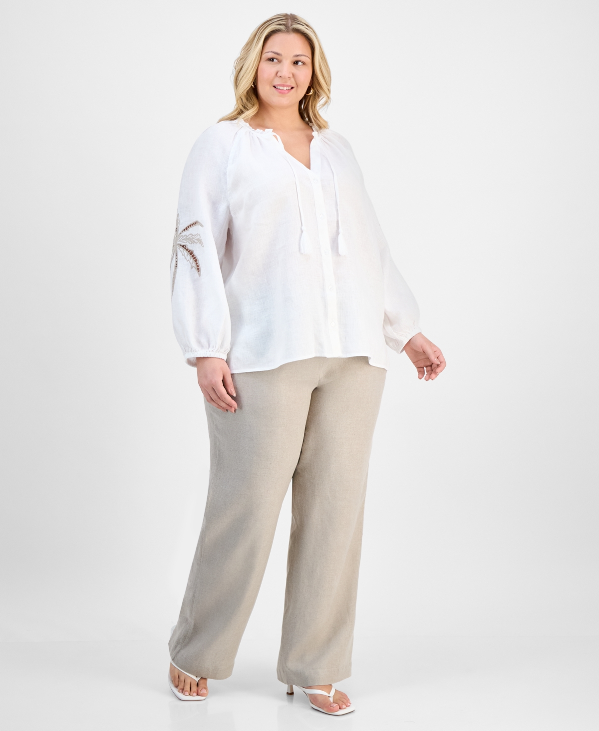 CHARTER CLUB PLUS SIZE EMBROIDERED-PALM LINEN TOP, EXCLUSIVELY AT MACY'S 