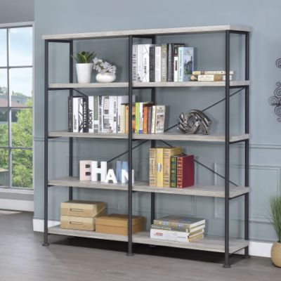 4 Shelf Open Bookcase Grey Driftwood and Black Double Sided Bookcase with Wide Tiers