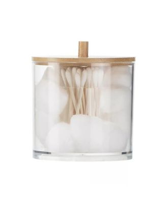 Acrylic Cotton Ball and Swab Organizer with Bamboo Lid—Clear Qtips Dispenser, Easy Refill Jar, Vanity Organizer