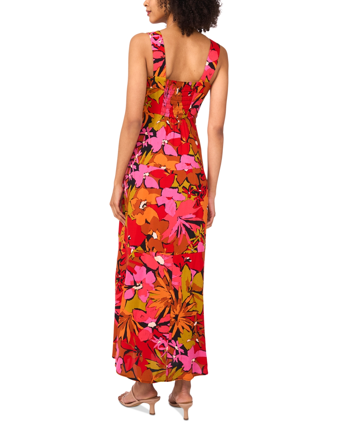 Shop Vince Camuto Women's Floral Square-neck Smocked-back Sleeveless Maxi Dress In Rich Black