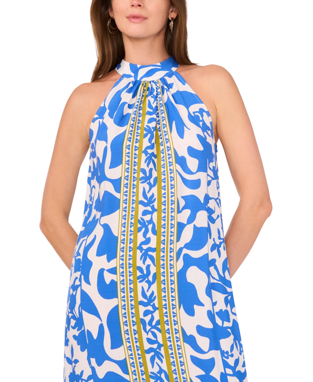 Shop Vince Camuto Women's Border-print Sleeveless Halter Maxi Dress In True Blue