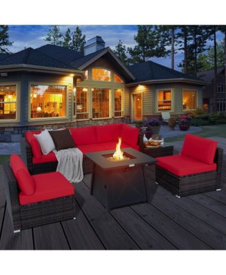 7PCS Rattan Patio Sectional Furniture Set with 30'' Fire Pit Table & Cushion