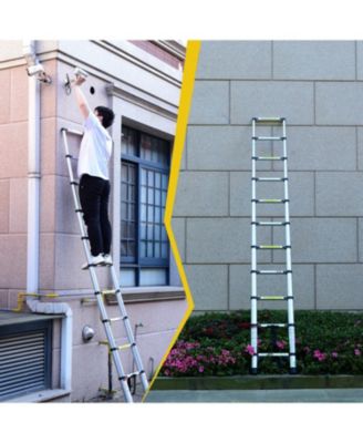 Telescopic ladder, 9.5 foot aluminum button telescopic ladder with 2 triangular stabilizers and hooks, multi-purpose ladder, maximum load-bearing capacity of 330 pounds,suitable  for industrial