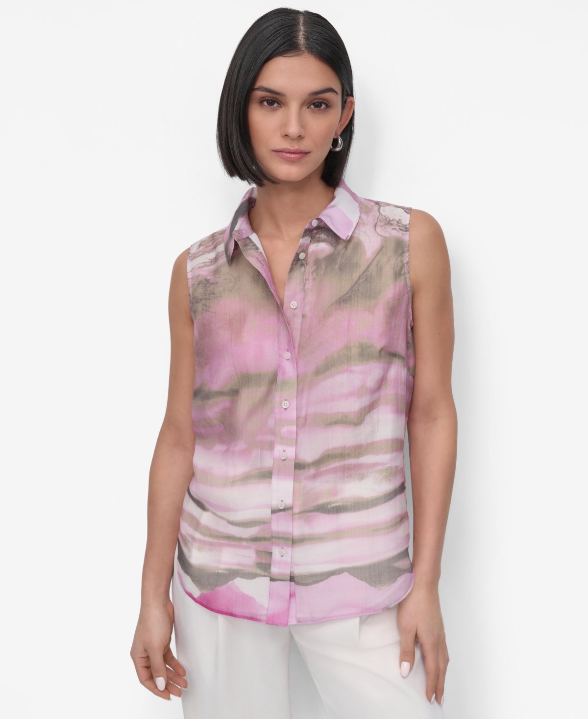 Women's Printed Chiffon Sleeveless Shirt - Pink Multi
