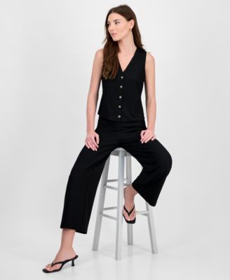 BAR III WOMENS TEXTURED KNIT BUTTON FRONT VEST CROPPED PULL ON PANTS EXCLUSIVELY AT MACYS 