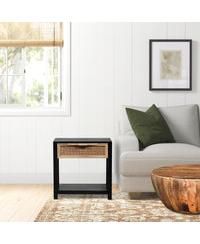 Mango Wood Side Table – Rattan Drawer & Open Shelf Storage