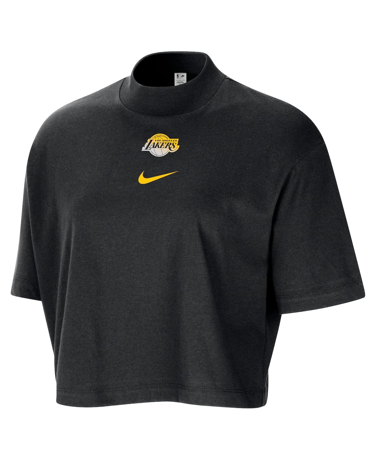 Nike Women's Black Los Angeles Lakers Courtside Mock Neck Loose Fit Cropped T-shirt In Black