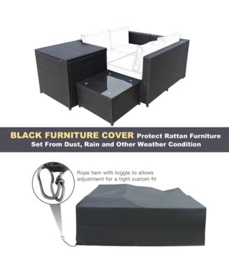 5PCS Patio Rattan Furniture Set Fire Pit Table w/ Cover Storage Cushion