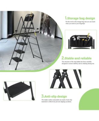 5-Step Foldable Light Weight Wide Anti Slip Pedal and Safety Handle, Sturdy Multi-Purpose Step Ladder with tool bag