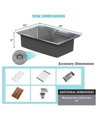 33-Inch Stainless Steel Kitchen Sink Workstation Dual Installation Method Single Grooves With 2 Faucet Holes With Cutting Board