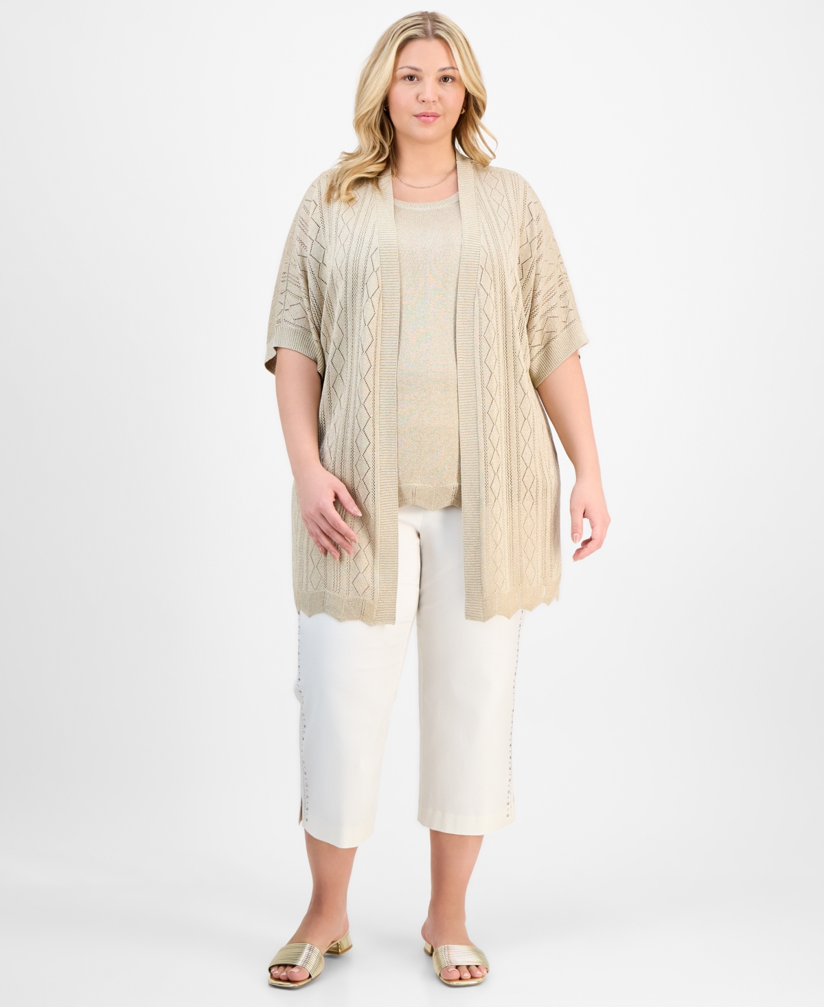 JM COLLECTION PLUS SIZE METALLIC SHINE CARDIGAN SWEATER, EXCLUSIVELY AT MACY'S 