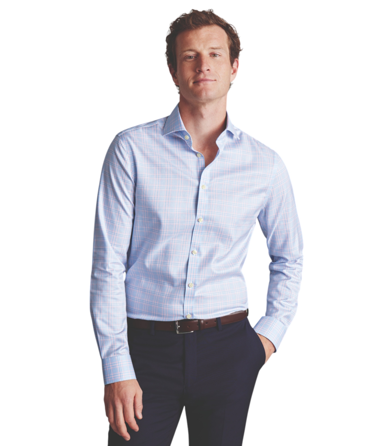 Men's Slim-Fit Non-Iron Prince of Wales Check Twill Dress Shirt - Sky Blue