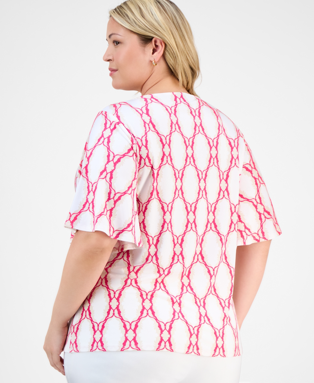 JM COLLECTION PLUS SIZE PRINTED FLUTTER-SLEEVE TOP, EXCLUSIVELY AT MACY'S 