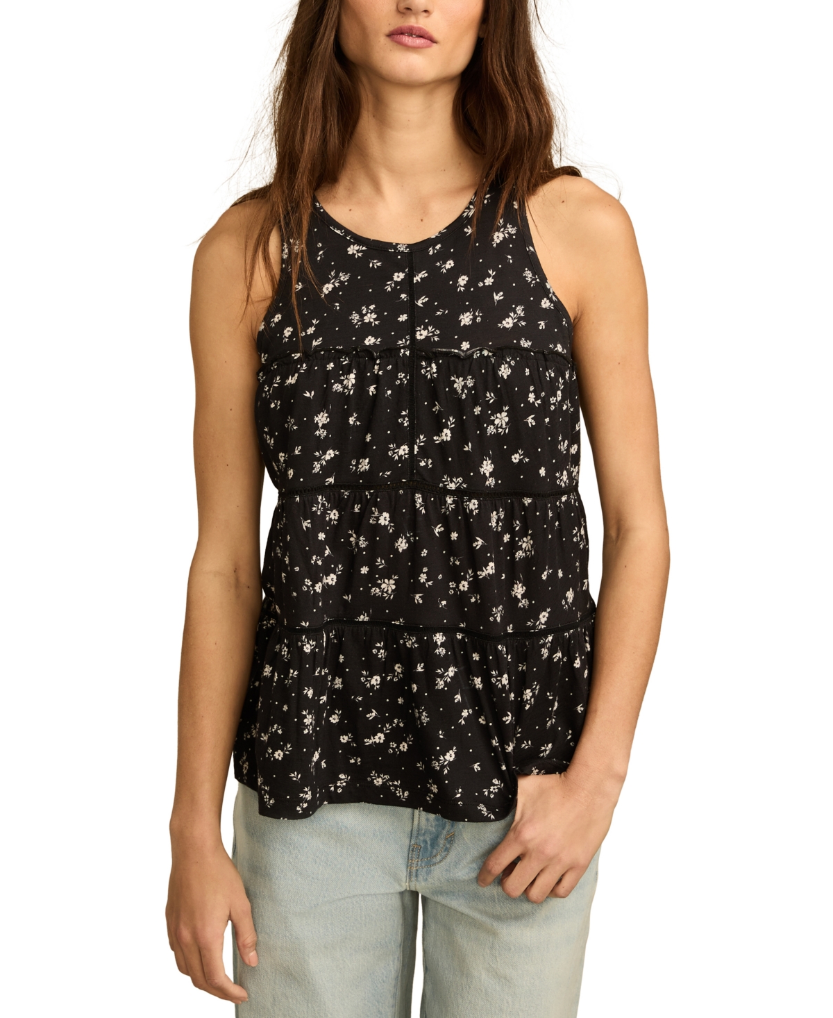 Women's Printed High-Neck Tiered Tunic - Black Multi