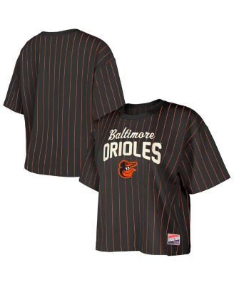 New Era - Women's Black Baltimore Orioles Cooperstown Collection Multiplier Pinstripe Cropped T-Shirt