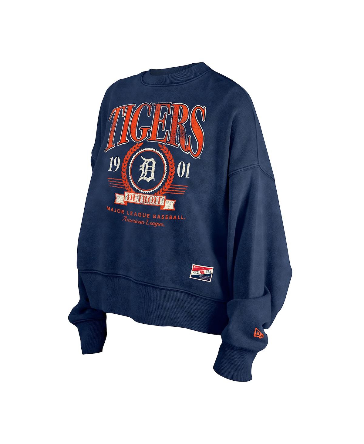 NEW ERA WOMEN'S NAVY DETROIT TIGERS THROWBACK BOXY ENZYME WASH FLEECE CREWNECK PULLOVER TOP 