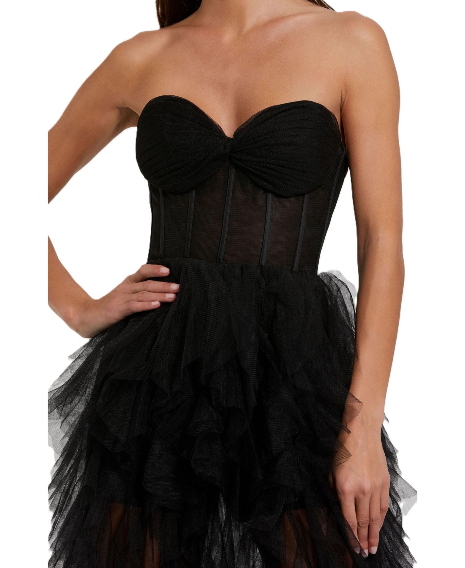 Women's Strapless Bustier Net Gown With Spiral Ruffles