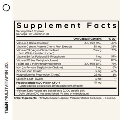 Teen Multivitamin - Vitamins A, C, D3, B6, B12, Folate, Zinc, Magnesium, Iron, Probiotics, Fermented Spinach - Multivitamins for Teenage Boys and Girls - Non-GMO, Gluten-Free - 30 Capsules