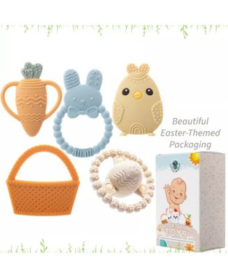 Toddler Easter Teether Set, Easter Bunny, Carrot, Chicken, Rattle Egg & Easter Basket Teething Toys Cute Easter Teethers Toys Gift Set