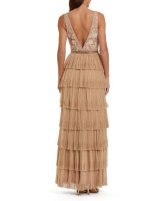 Women's Beaded Mesh V Neck Gown With Tiered Ruffles
