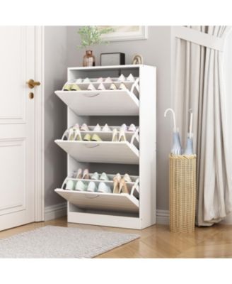 Wooden 3-door white shoe cabinet, shutter door drawers, multi-purpose shoe rack with adjustable shelves