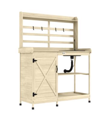 Wooden Potting Bench with Storage, Aluminum Tabletop, Natural