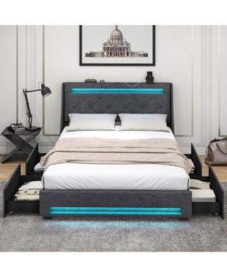 Full Size Bed Frame with LED Lights Wingback Headboard and Charging Station
