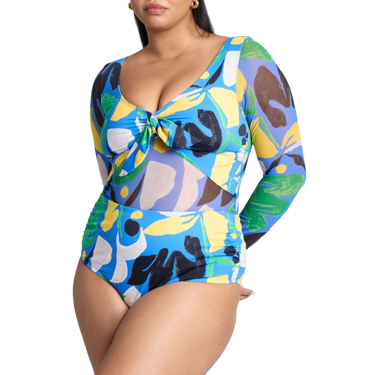 Plus Size Tie Front Mixed Media One Piece Swimsuit - Blue ground floral