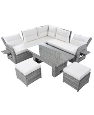 Streamdale Patio Rattan Furniture Set, Adjustable Table, Recliners, Ottomans, Beige