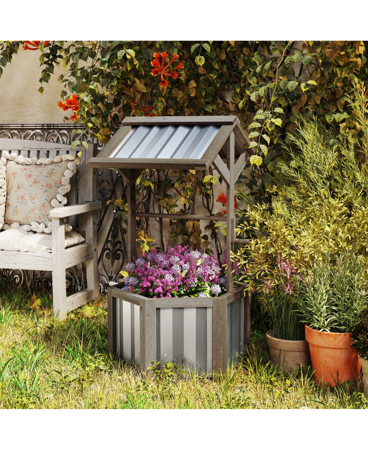Outsunny Wooden Wishing Well Planter with Galvanized Canopy, Light