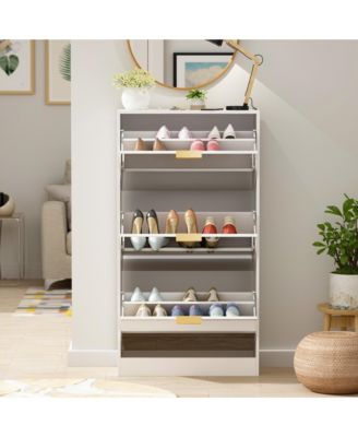 Wooden 3-door natural shoe cabinet,Mirror door panel, multi-purpose shoe rack with metal handles