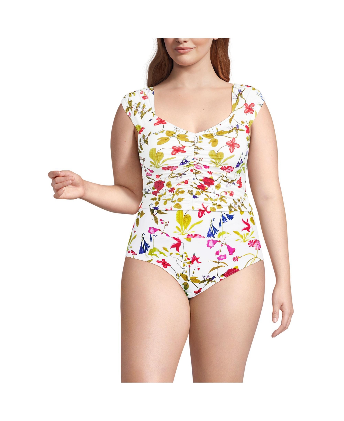 Plus Size Ruched Cap Sleeve Midkini Top - White multi garden floral