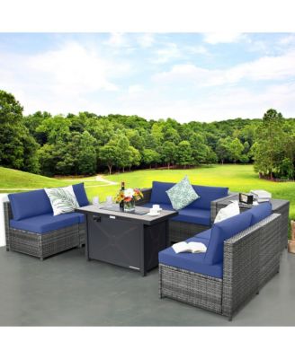 9 PCS Patio Rattan Furniture Set Fire Pit Table Storage Grey W/ Cover
