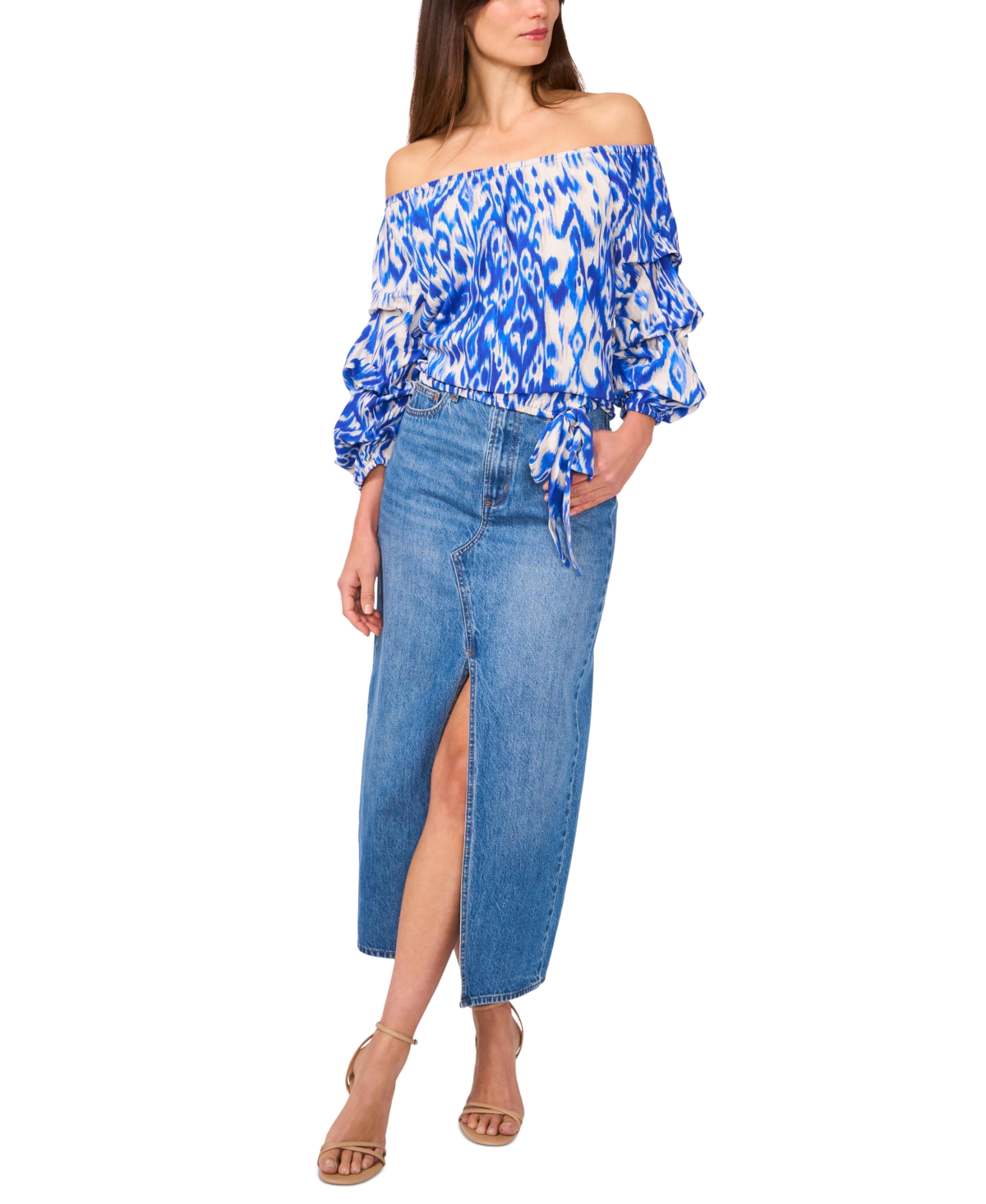 Vince Camuto Ikat Print Off The Shoulder Bubble Sleeve Top In Royal Azure