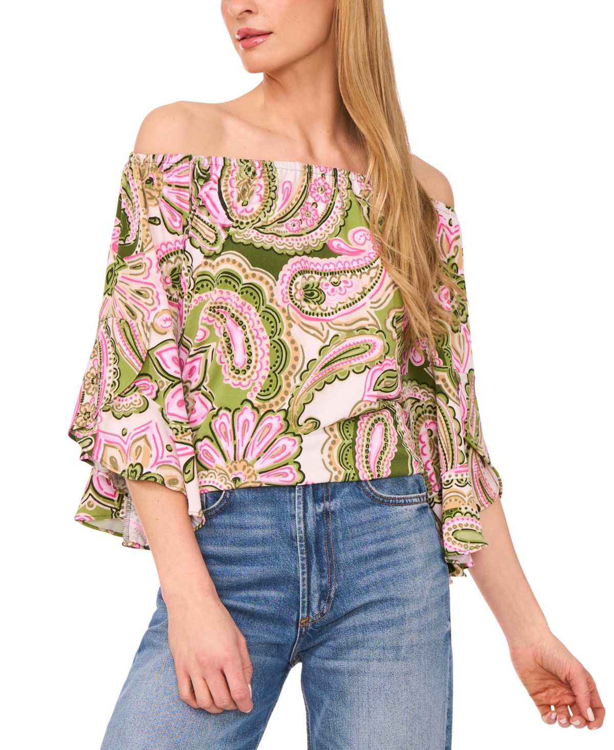 Vince Camuto Off The Shoulder Flutter Sleeve Top In Green Paisley