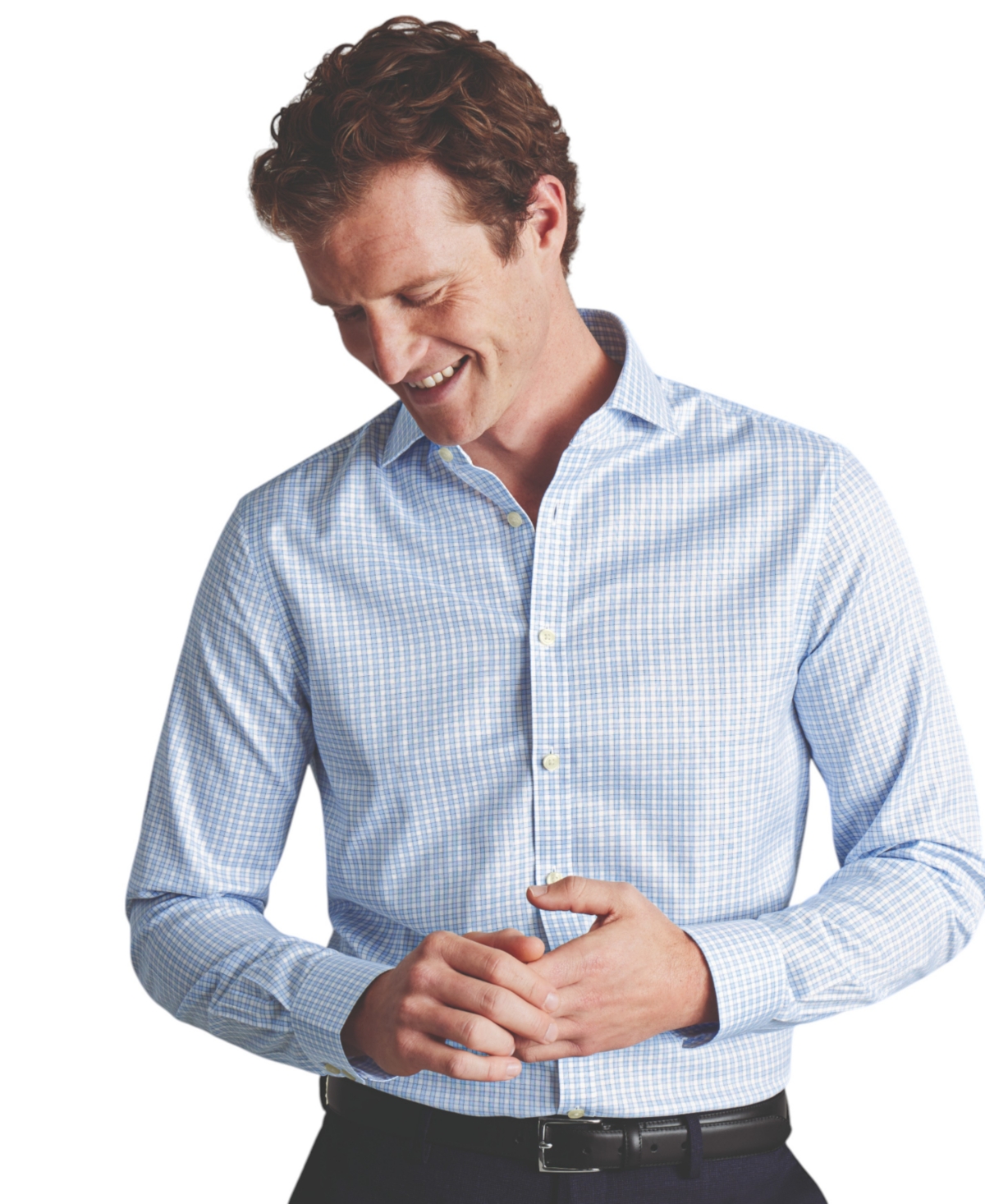 Men's Slim-Fit Non-Iron Check Twill Dress Shirt - Cornflower Blue